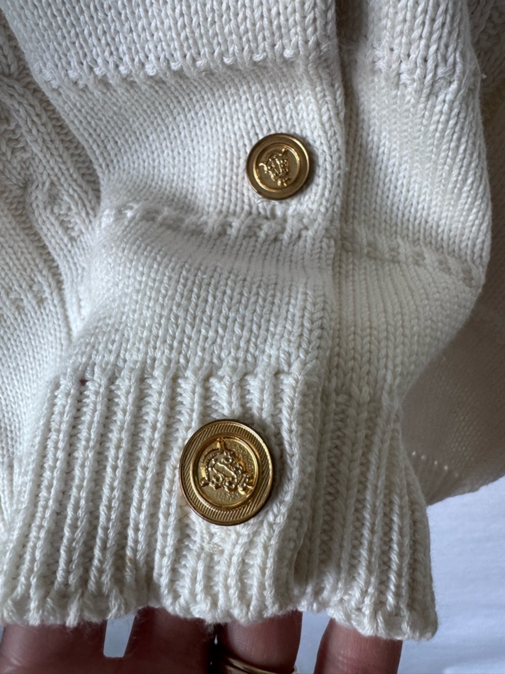 Vintage 90s Cream Cotton Cardigan Gold Crest Buttons USA S - Picture 6 of 13